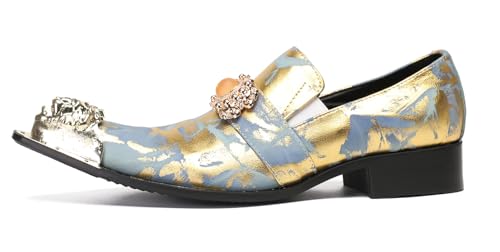 Santimon Mens Loafers Party Dress Casual Metal-Tip Dragon Toe Slip On Leather Rhinestone Beaded Penny Loafers Western Disco Prom Gold Gitter Summer Shoes for Boys3