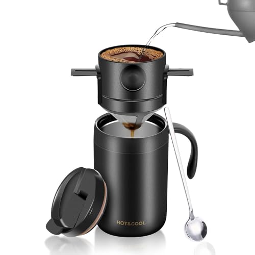 Juego de cafetera portátil para camping, viajes, oficina y mochileros, taza de café ideal para verter a mano con diseño de tapa abatible