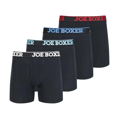 JOE BOXER Black Boxer Briefs for Men 4-Pack, Comfy and Breathable Spandex-Cotton Boxer Briefs, Mens Underwear Cotton Stretch