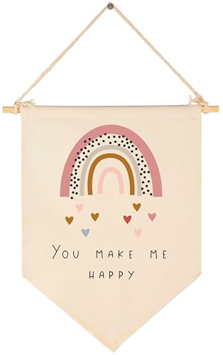 Topthink You Make Me Happy, Rainbow,Heart – Bandiera da appendere in tela – Decorazioni Cameretta, Decorazione da parete per bambini e ragazzi, ideale come regalo
