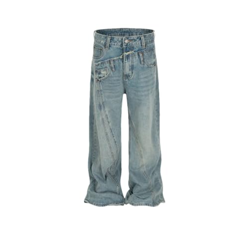 Men's Women's Spliced Chic Vintage Denim Pants Irregular Design Niche Straight Jeans