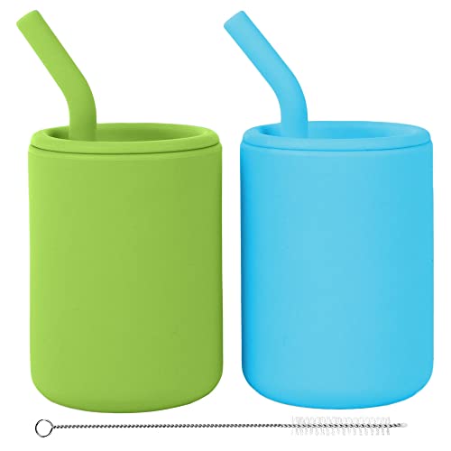 Image of WeeSprout Silicone Baby Cups With Straws and Lids, 4 & 8 oz Options, Set of 2, Food Grade Toddler Training Container, Built In Straw Stoppers, Measurement Markings, Dishwasher Safe + Straw Cleaner