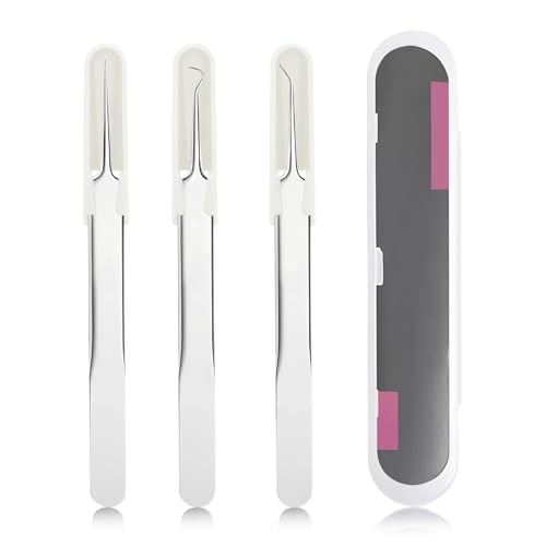 Pinzette Spitz Mitesserentferner Pickel Ausdrücken Werkzeug - 3 Stk. Pinzetten Set Pickelentferner, Komedonenquetscher, Mitesser Pinzette mit Sicherheitskappe, Pinzetten Edelstahl Mit Aufbewahrungsbox