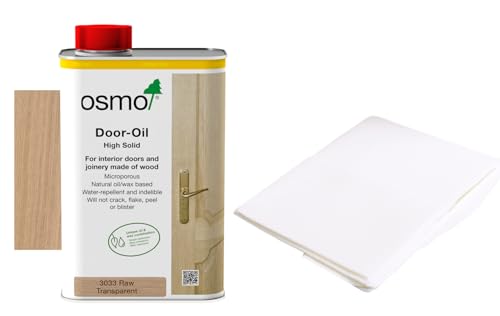 Osmo Door Oil 1 Litre - Durable Wood Finish for Doors Frames and Joinery with Osmo Easy Pad Lint Free Cloth (Raw Matt 3033)
