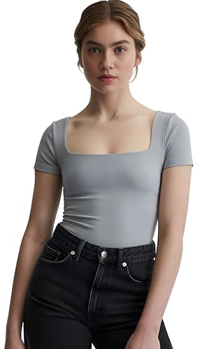 Image of SIGHTBOMB SOFTLINE SQUARE NECK DOUBLE LAYER SHORT SLEEVE MICROFIBER CUDDLE TEE AFFORD LUX EDITION FEATHER TOUCH TOP FOR WOMEN