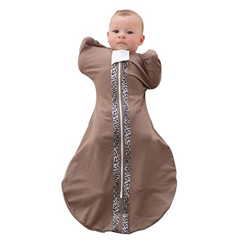 Image of ZIGJOY Baby Transition Swaddle, 1.0 TOG Stretchy Transitional Swaddle with 2-Way Zipper, Cotton Self-Soothing Sleep Sack for Better Sleep, Brown, 3-6 Months