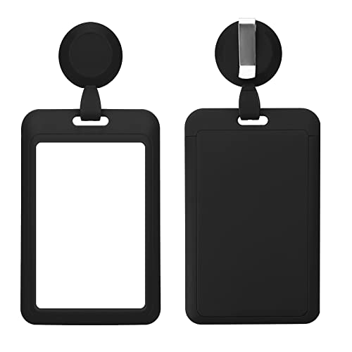 Bewudy 2 Set Heavy Duty Badge Holders with Retractable Badge Reel Clips ID Name Tag Work Badge Clip Vertical Card Protector Cover Case for Office Nurse Medical Student Teacher Women Men (Black)