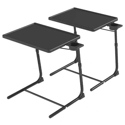 Image of TV Tray Table, Adjustable TV Dinner Table for Eating on Couch with Cup Holder, Folding Tables with 6 Height & 3 Tilt Angle Adjustments, Comfortable Laptop Stand for Bed & Sofa, 2 Pack, Black