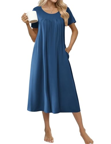 Ekouaer Cotton Nightgowns for Women with Pockets Midi Night Gowns for Sleeping Plus Size House Dress Lounge Dress Navy Blue M