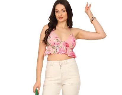 rudrakriti Rudraaksha Black Pink Floral Halter Neck Crop Top for Women | Ruffle Hem Summer Party Top-picture-34