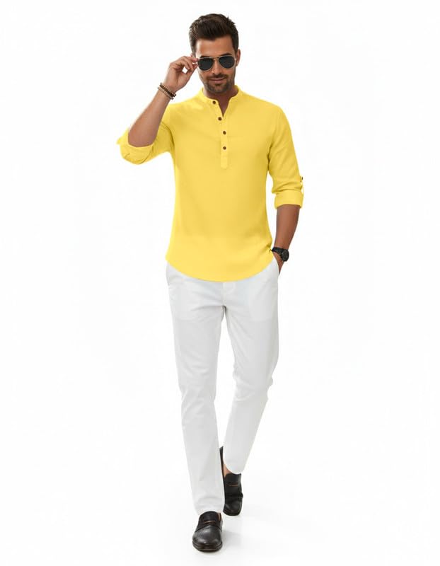 Image of Macsivo Men's Cotton Blend Solid Short Kurta with Regular Lenth Mandarin Neck Full Sleeves and roll-up tab| Kurta Style Shirt for Men