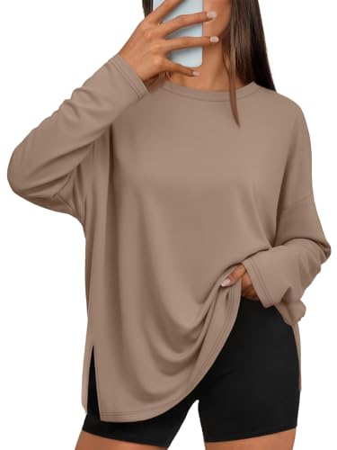 Trendy Queen Womens Oversized Long Sleeve T Shirts Side Slit Workout Fall Tops Basic Crewneck Tee Casual Y2K Clothes Khaki