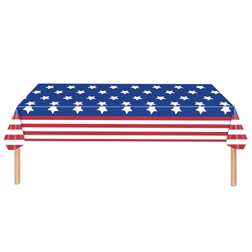 Image of 3pcs 4th of July Tablecloth - Patriotic American Flag Table Cloth, Plastic Disposable Rectangle USA Star Stripe Table Cover for Memorial Day, Fourth of July Independence Day Decorations, 54 inch x 108 inch