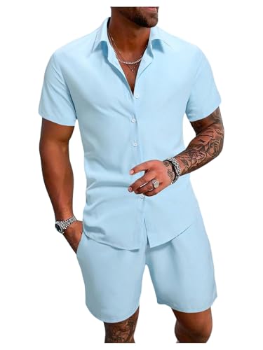 Floerns Men's 2 Piece Outfit Short Sleeve Shirt Blouse and Drawstring Shorts Set