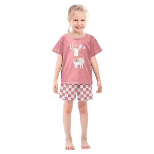 Checkerboard Plaid Crowned Llama Pink Pajama Set Short Sleeve PJ Set Cotton Summer Pajamas Sleepwear Soft 5Y3