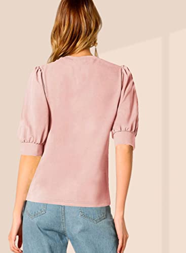 Image of Dream Beauty Fashion Women's Puff Sleeve Round High Neck Top Balloon Bishop Sleeve Elegant Casual Tee (23 inch Inches)- (Top Sofia P)