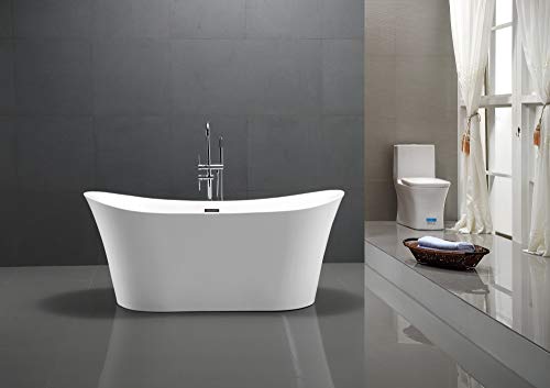 Anzzi Eft 67 In Glossy White Acrylic Oval Flat Bottom Freestanding Bathtub, Luxury Soaking Deep Large Bathroom Round Standing Tub With Built In Overflow And Drain, Ft-Az096 #TOP2
