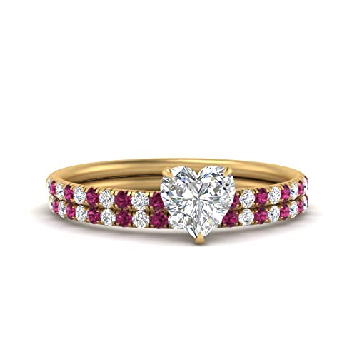 Image of Choose Your Gemstone Pave Petite Ring with Matching Wedding Band Yellow Gold Plated Heart Shape Wedding Ring Sets Minimal Modern Design Birthday Gift Wedding Gift US Size 4 to 12
