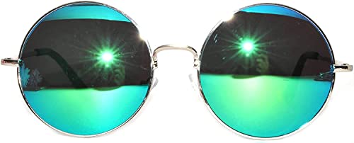 OWL Round Sunglasses for Women Men Silver Metal Frame Hippie Sunglasses UV400 Bluegreen Mirror Lens John Lennon Sunglasses