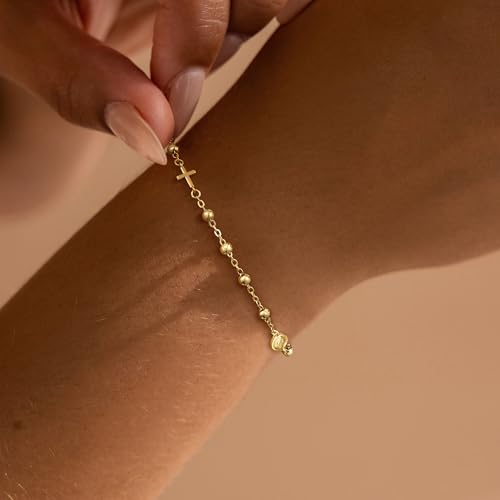 Gold Cross Bracelets for Women Trendy, Dainty 14K Gold Plated Rosary Bead Bracelet Gold Small Cross Bracelet Cute Adjustable Jewelry Christian Gifts for Women3