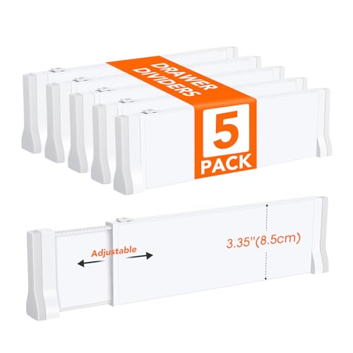 Image of 5 Pack Drawer Dividers for Clothes, 11.6''-19.6'' Adjustable Drawer Organizers 3.35'' High Expandable Separators Dresser Organizer for Clothes Kitchen Office Bathroom Drawer Organizers