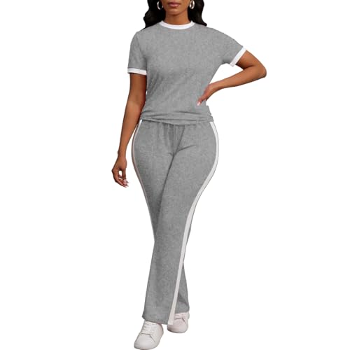 PINSV Women's 2 Piece Outfits Short Sleeve Tops Sweatpants Colorblock Bodycon Lounge Sets Tracksuit4