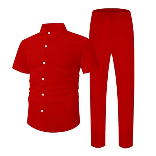 2 Piece Set For Men Summer Vertical Striped Textured Outfits Casual Button Down Shirts And Pants Matching Sets2