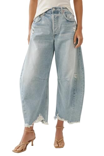 Allimy Womens High Waisted Barrel Horseshoe Baggy Jeans Trendy 2025 with Raw Hem Non Stretch