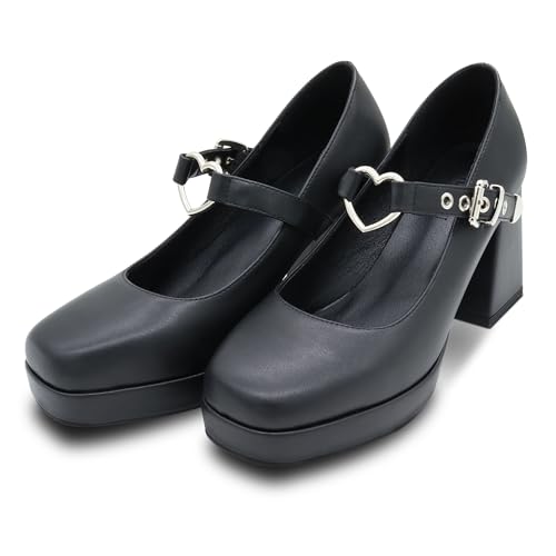 Women's Platform Square Toe Heart Buckle Strap Mary Janes Goth Heels Shoes2