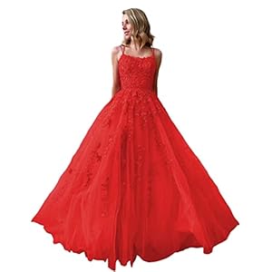 L/Y Dames tule baljurken spaghetti kant lange avondjurken bruidsjurken Quinceanera jurken, rood, 38