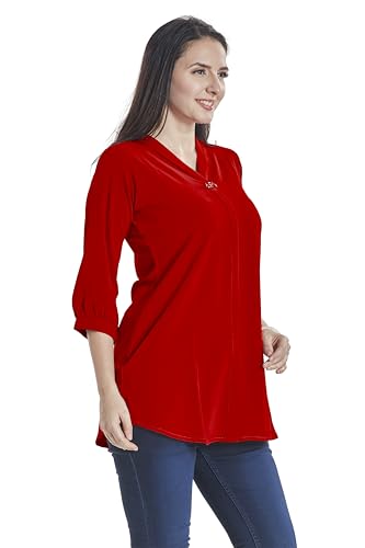 Image of nioni Women's Purple Poly Linen Blend Tunic Top with 3 /4 Sleeves, Printed Yoke, Kantha Stitch Detailing & Mandarin Collar
