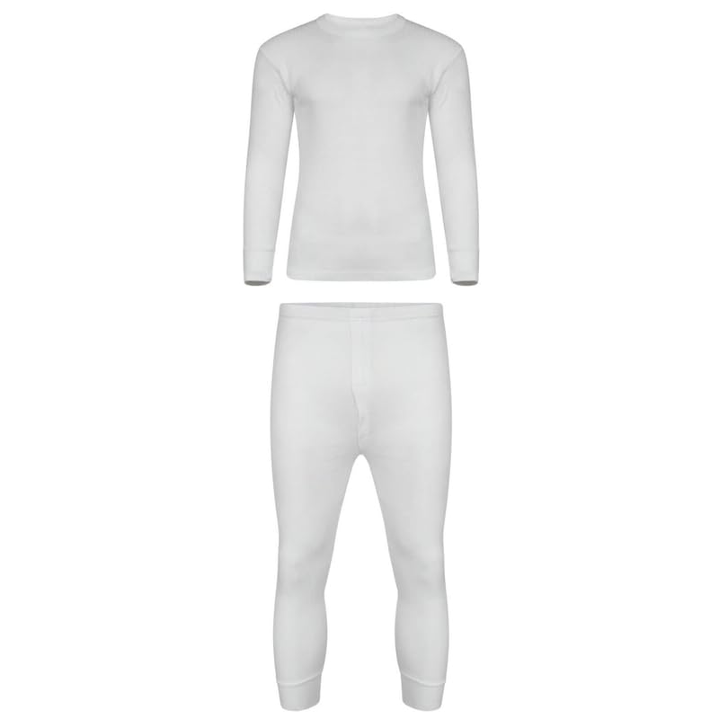 Kids Thermal Underwear Set (Long Sleeve Top + Long Johns) | 0.45 Tog Brushed Cotton-Polyester Winter Base Layer for Boys & Girls | Sizes 5-6 → 13-14 | Classic Colours White, Grey, Black