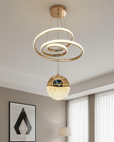 Image of swanart Modern LED Ceiling Pendant Light with Crystal Ball, Spiral Design Chandelier, Dimmable Hanging Lamp for Dining Room, Living Room, Bedroom, Hallway (Gold)