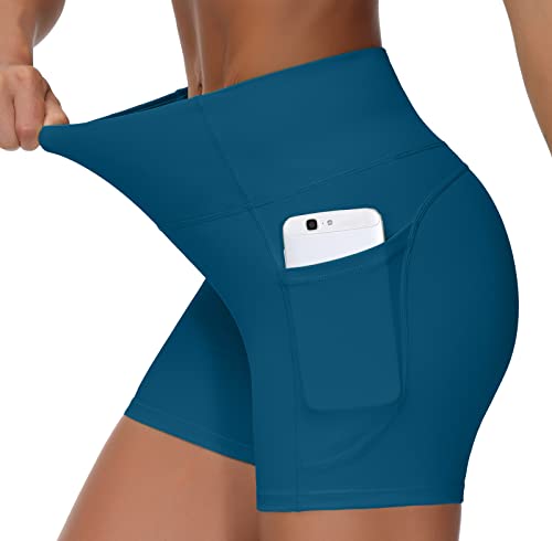 Image of THE GYM PEOPLE High Waist Yoga Shorts for Women's Tummy Control Fitness Athletic Workout Running Shorts with Deep Pockets