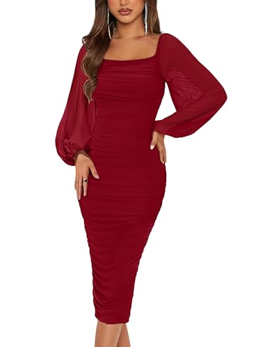 MASCOMODA Damen 2025 Langes Puffärmel, gerüschtes Midikleid, figurbetontes Kleid, sexy Netzstoff, Hochzeit, Gast, Party, Cocktailkleid, Rot/Ausflug,...