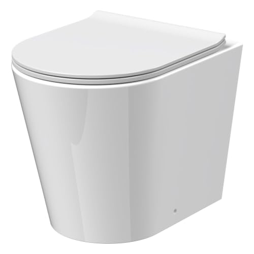 Balterley Round Back to Wall Toilet Pan & Soft Close Seat Rimless Back to Wall Toilet Unit Space Saving Toilets for Bathroom BTW Toilets for Bathrooms - 365mm x 500mm x 417mm (White)