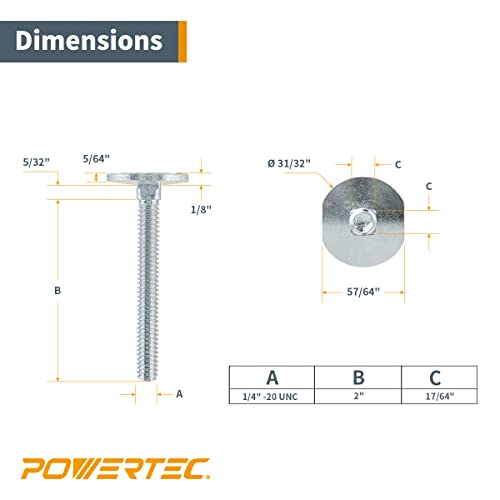 Powertec 71614 Miter T Locking Bolts, Improved Flange Bolt & T-Bolt Accessory For 3/4" X 3/8" Miter Gauge Slots On Table Saws, Router Table & Unisaw To Mount Feather Boards, And Jigs, 10Pk #TOP2