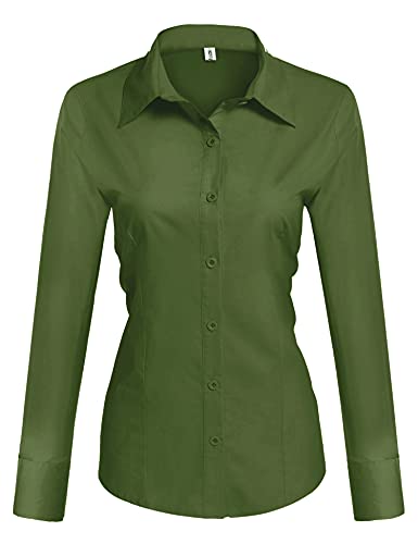 HOTOUCH Women's Slim Fit Button Up Shirts Solid Grey Lapel Collared Dress Shirt (Army Green XL)