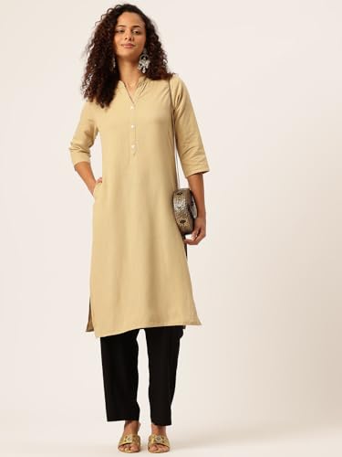 Image of feranoid Women's Plain Cotton Kurta with Mandarin Collar, 3 /4 Sleeves & Pocket
