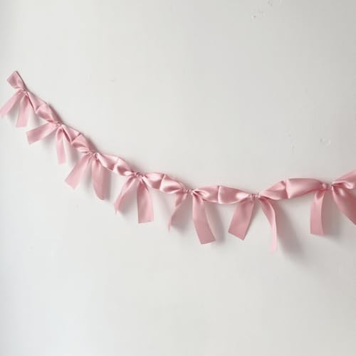Image of Rosewood Blush Pink Bow Garland - Pre-Assembled 6ft Rustic Baby Shower Decor, Coquette Birthday & Bridal Shower Backdrop, Thick Matte Satin Bow Decor