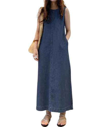 Retro Denim Jumper Dress for Women Sleeveless Crewneck Maxi Long