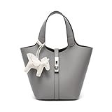 ハンドバッグ レディース レザー トートバッグ 大容量 軽量 通勤 おしゃれ 人気 高見え シンプル 可愛い 小さめ 柔らかい 自立 内ポケット付き チャーム付属 (無地 グレー)