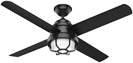 Hunter 54 inch Outdoor or Indoor Ceiling Fan with LED Light - Black Ceiling Fan with Wall Control, For Patio, Garage, or Porch, Quiet, Standard Mount, 4 Blades - Searow 55086, Matte Black