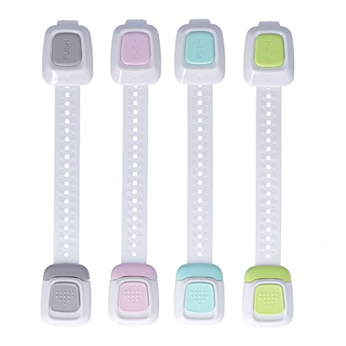 4 paquetes de cerraduras de correa de gabinete a prueba de bebés, Kit a prueba de niños, cerraduras de puerta de refrigerador, pestillos ajustables para asiento de inodoro, pestillos de nevera en 4 co Cover