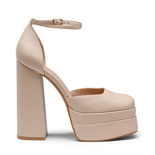 Image of DREAM PAIRS Women's High Chunky Platform Closed Toe Block Heels Square Toe Ankle Strap Dress Wedding Party Pumps Shoes Aurelia