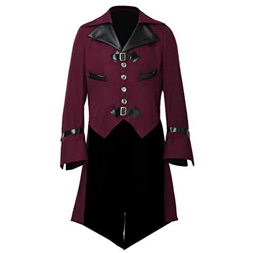 BLESSUME gótico Victoriano Tailcoat Steampunk VTG Escudo Chaqueta Víspera de Todos los Santos Cosplay Disfraz (M, Vino Rojo)