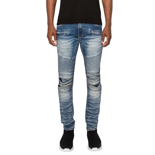 Men's Biker Denim Jeans, Indigo, Multiple Sizes 30-38, Cotton Spandex Blend, Creased, Skinny Fit