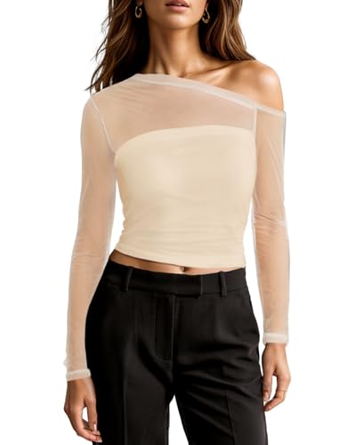 トップス Prank Project Sheer One Shoulder Top Women's One Shoulder Crop Tops Mesh Sheer Asymmetrical