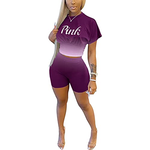 Tenue 2 pièces pour femme - Haut court taille haute - Moulant et short de motard, Violet dégradé., Large Cover