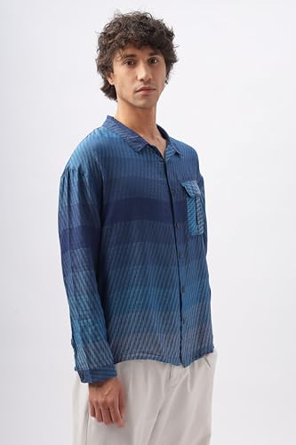 Image of Men's Indigo Blue Gradient Drop Shoulder Long Sleeve Casual Button-Down Shirt